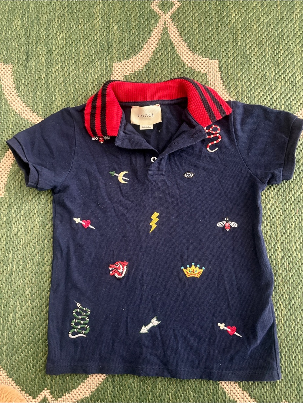 Gucci Navy Polo with Red-Trim Striped Collar and Embroidered Motifs